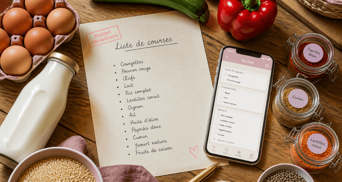 Liste courses alimentaires sur papier et application mobile
