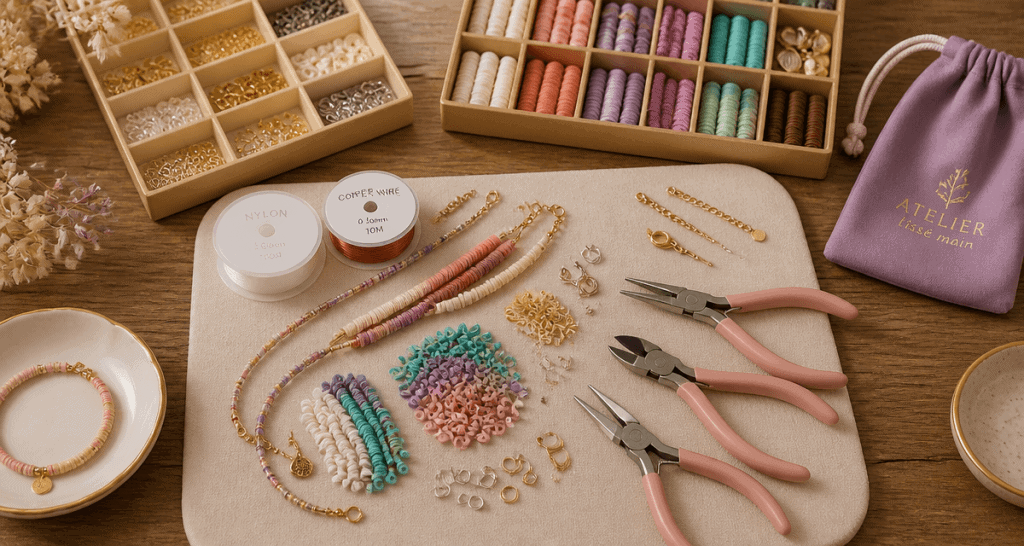 Materiel pour creation bijoux sur table atelier