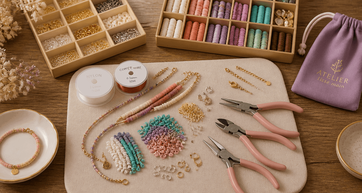 Materiel pour creation bijoux sur table atelier