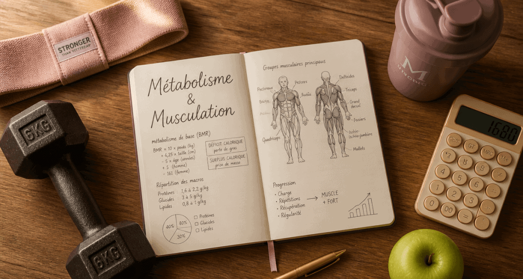 Vue flat-lay métabolisme et musculation avec carnet et haltères