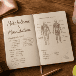 Vue flat-lay métabolisme et musculation avec carnet et haltères