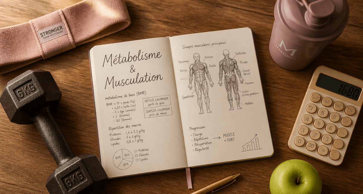 Vue flat-lay métabolisme et musculation avec carnet et haltères
