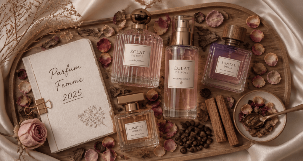 parfum femme 2025 flacons écoresponsables plateau bois