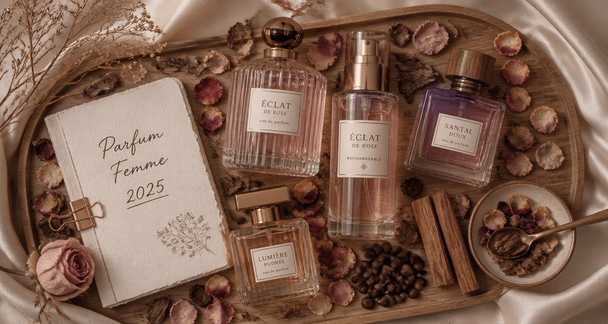 parfum femme 2025 flacons écoresponsables plateau bois