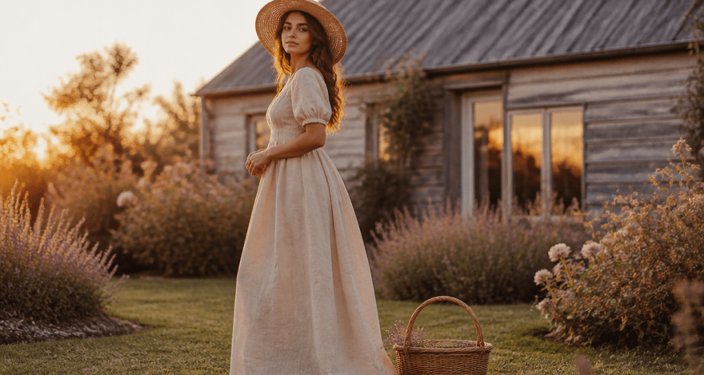 tenue champetre femme robe lin et chapeau paille