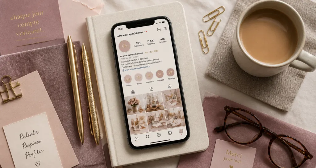 bio instagram stylé smartphone carnet flat-lay
