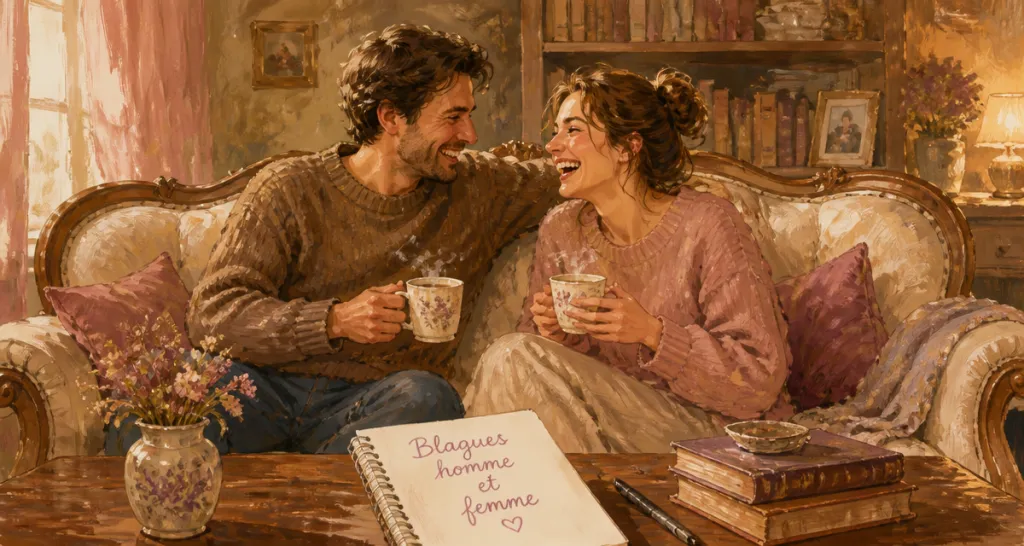 blague homme et femme couple café salon