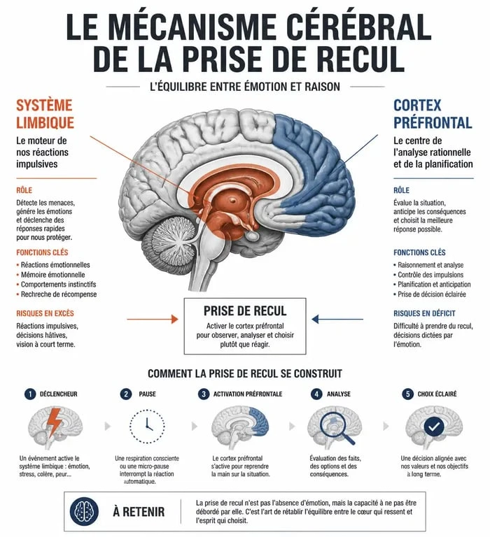 Schéma explicatif du mécanisme cérébral de la prise de recul pour mieux gérer ses émotions au quotidien.