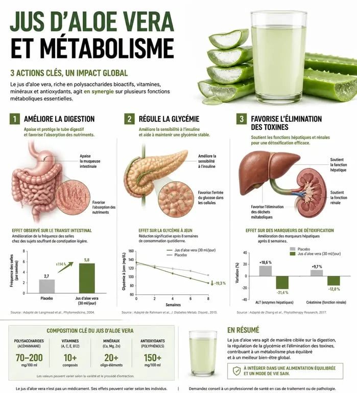 Infographie sur les bienfaits du jus d'aloe vera pour maigrir et ses effets sur la digestion et le métabolisme