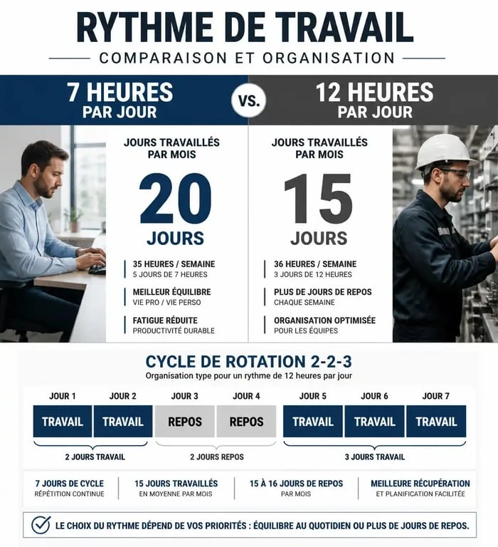 Comparaison des jours travaillés par mois entre un rythme de 7h et 12h