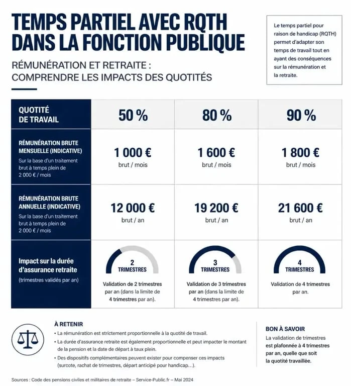 Tableau comparatif des impacts du temps partiel avec RQTH sur la rémunération et la retraite dans la fonction publique