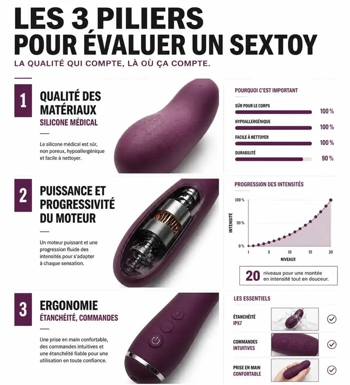 Infographie des critères de test sextoy pour choisir le meilleur accessoire