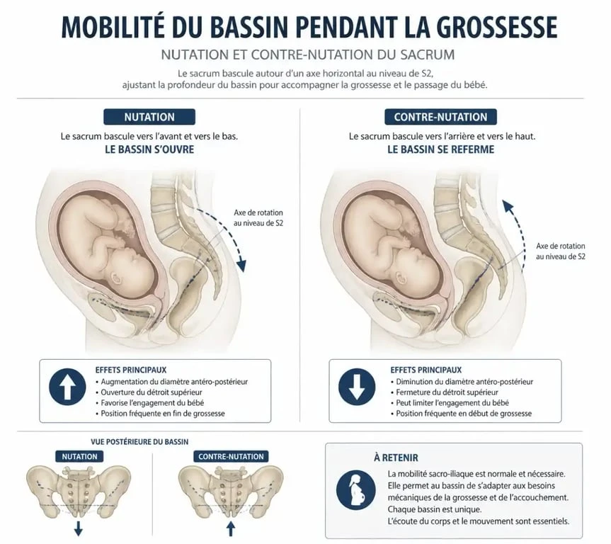 Schéma anatomique du bassin de la femme enceinte illustrant la mobilité pelvienne et la nutation
