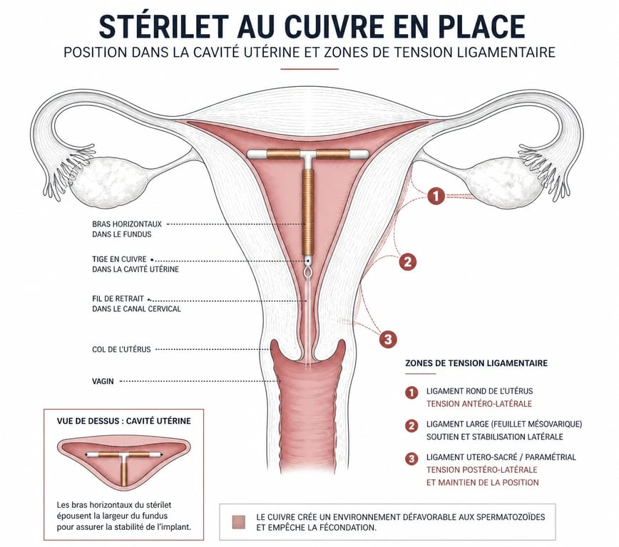 Schéma anatomique illustrant la position d'un stérilet au cuivre dans l'utérus et les causes possibles de douleur au bas ventre.