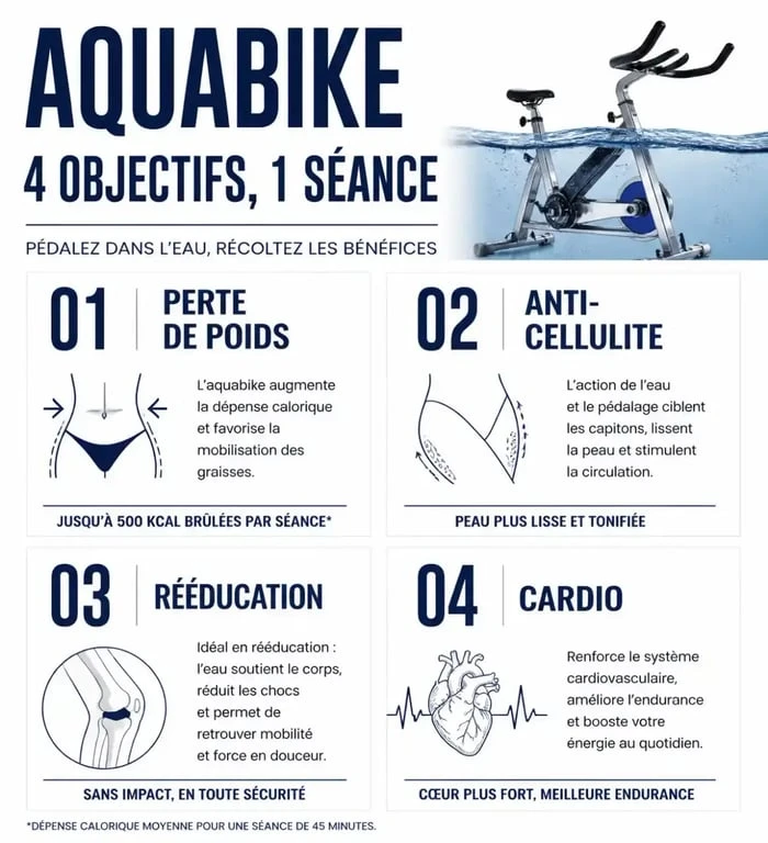 Infographie des bénéfices et objectifs d'une séance d'aquabike pour la remise en forme