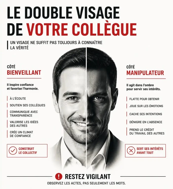 Infographie illustrant les comportements d'un collègue faux gentil en entreprise