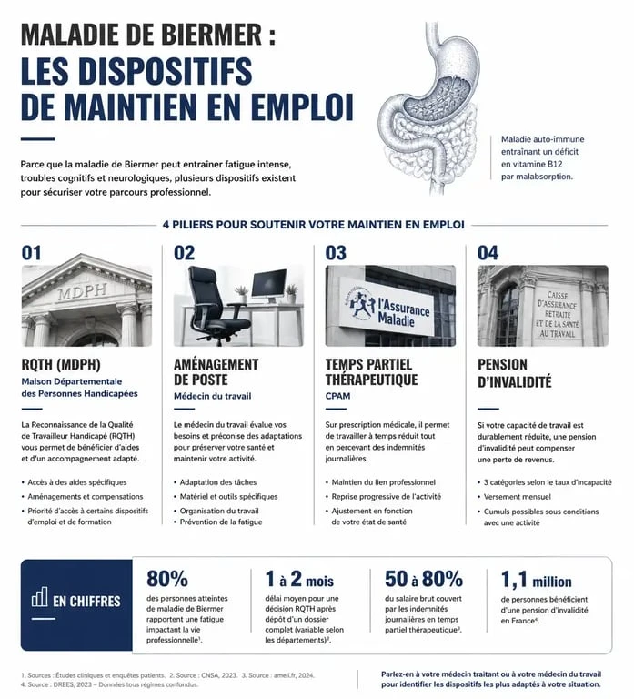 Infographie des dispositifs de maintien en emploi pour les personnes atteintes de la maladie de Biermer