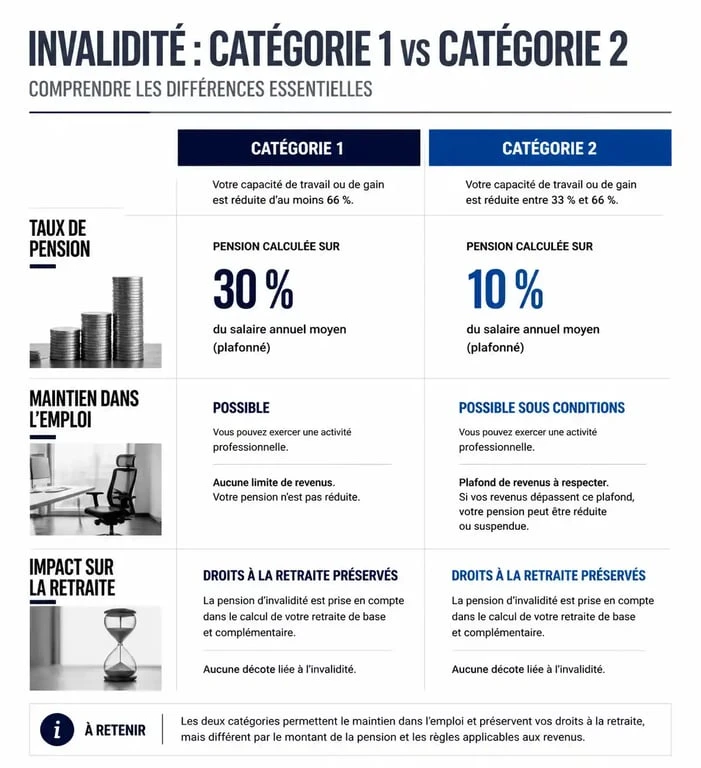 Infographie comparative des catégories d'invalidité 1 et 2 et leurs impacts sur la pension et le travail