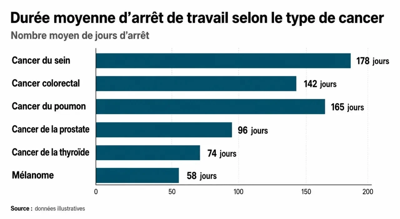 Tableau récapitulatif des durées moyennes d'arrêt de travail pour un cancer selon la pathologie