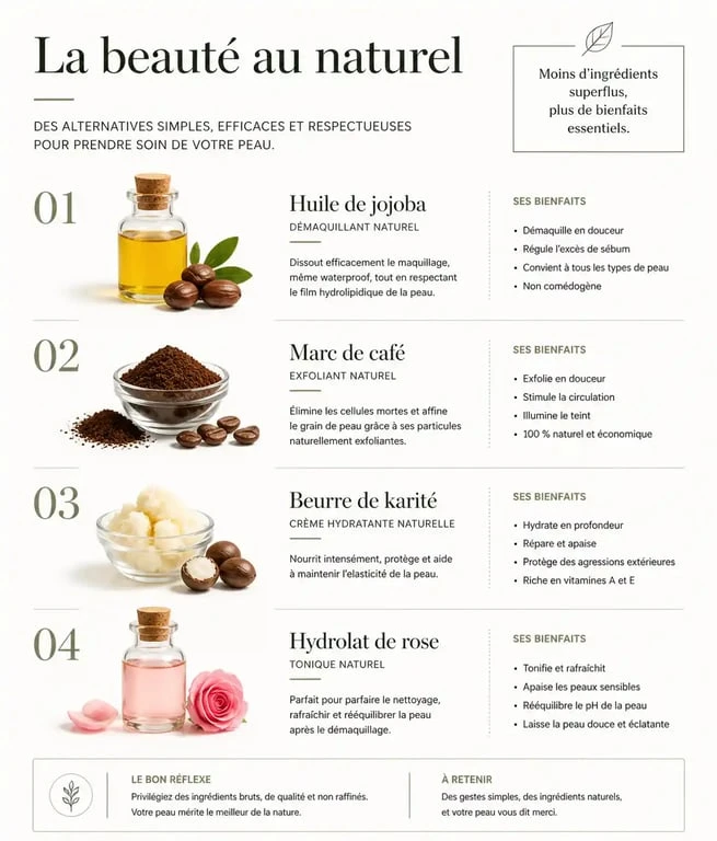 Infographie des alternatives naturelles pour une routine beauté minimaliste sur le blog de Juliette