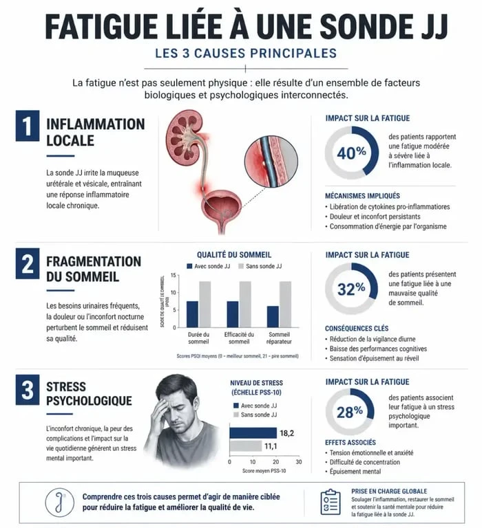 Infographie expliquant les causes de la fatigue avec une sonde JJ : inflammation, sommeil et stress.