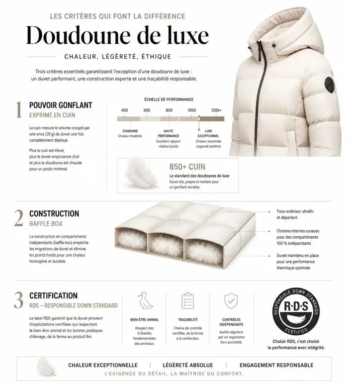 Infographie des critères techniques d'une marque de doudoune de luxe : pouvoir gonflant, construction et éthique.