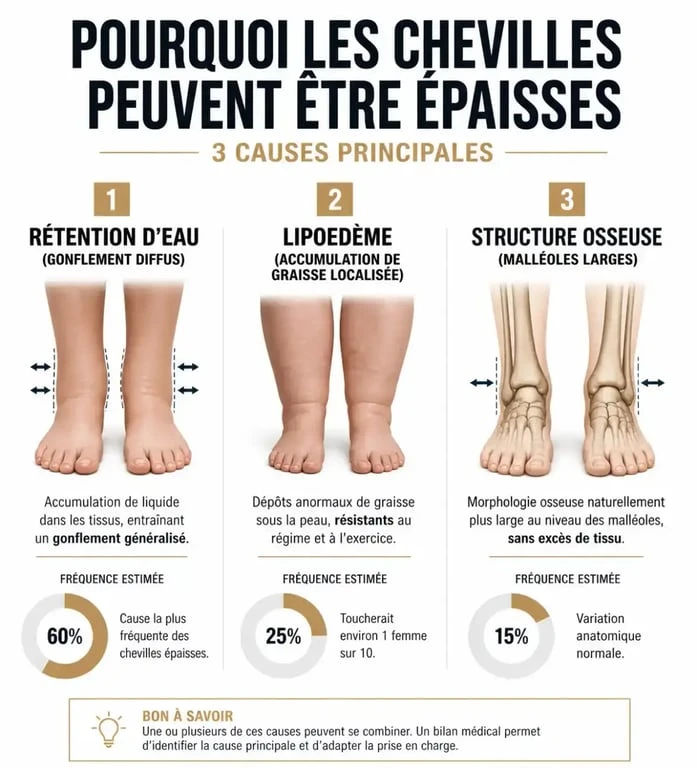 Schéma explicatif des causes de chevilles épaisses : rétention d'eau, lipoedème et génétique