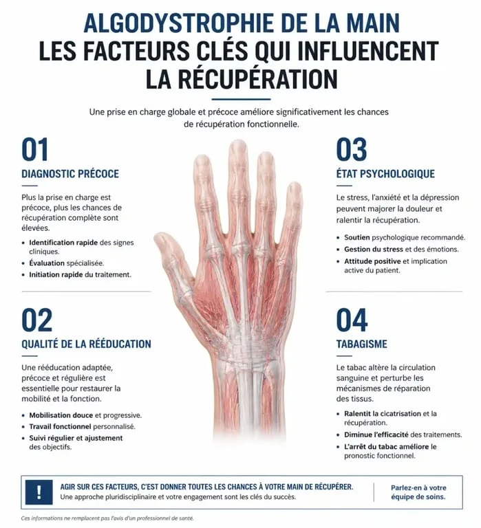 Infographie des facteurs de pronostic et de récupération après une algodystrophie de la main