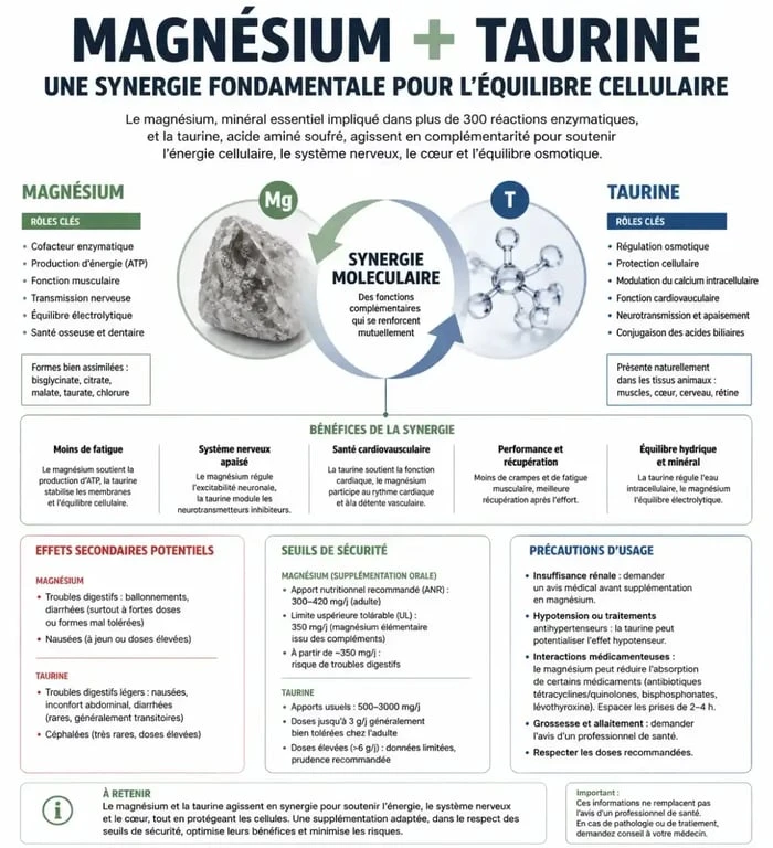 Infographie sur les effets secondaires et précautions du magnésium et de la taurine