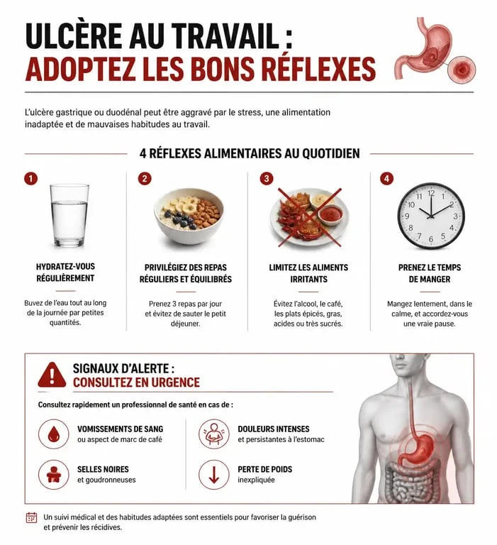 Infographie sur la gestion de l'ulcère au travail et les réflexes pour concilier santé et activité professionnelle
