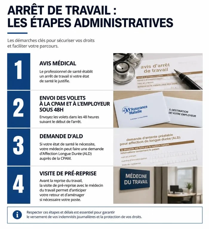 Infographie des étapes administratives pour un arrêt de travail lié à la maladie de Hashimoto