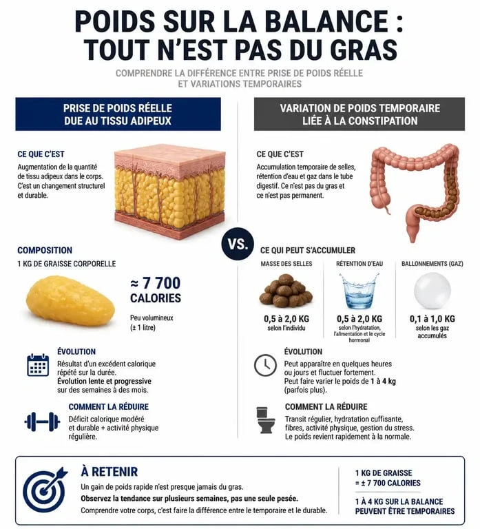 Infographie expliquant la différence entre la prise de poids réelle et la constipation et prise de poids temporaire.