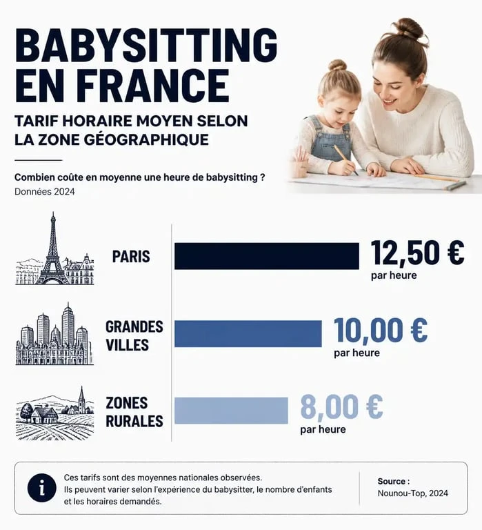 Infographie des tarifs horaires moyens de babysitting en France par région