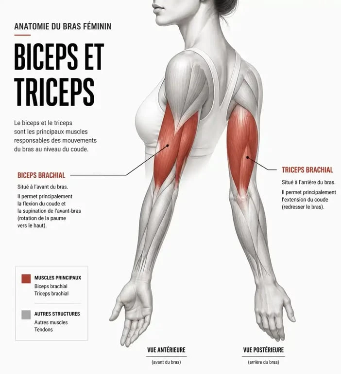 Schéma anatomique des muscles du bras pour la musculation femme