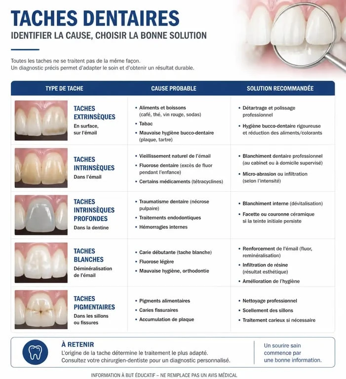 Tableau comparatif des causes et solutions pour les taches noires sur les dents