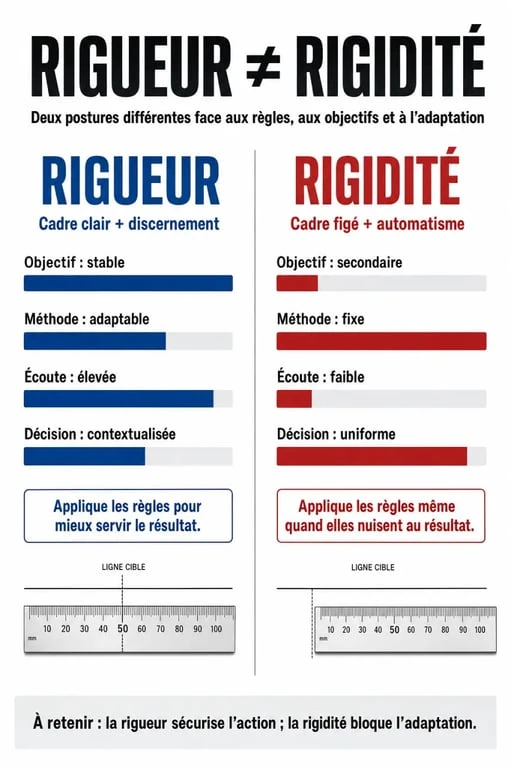 Infographie comparative entre la rigueur et la rigidité au travail pour améliorer sa rigueur dans le travail