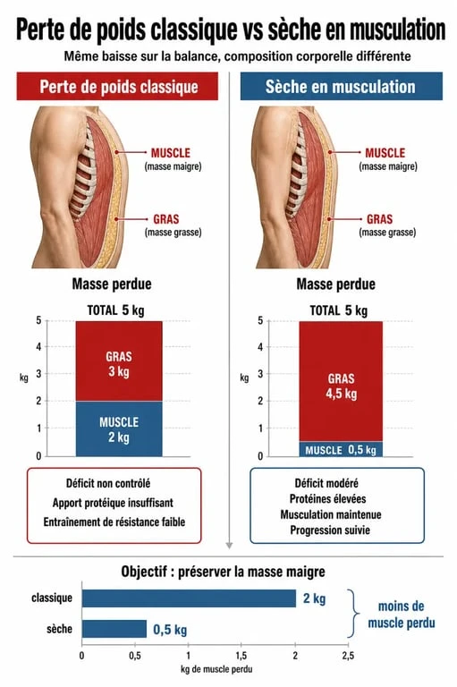 Infographie explicative sur la sèche en musculation : différence entre perte de poids et sèche