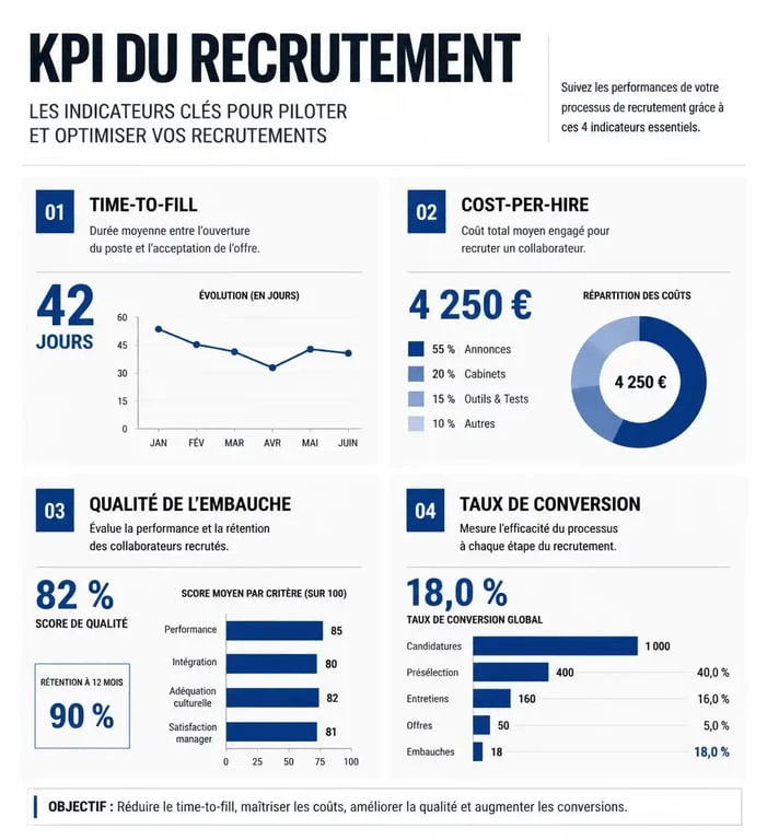 Infographie des indicateurs clés de performance (KPI) pour le recrutement sur clubchasseursdetetes.fr