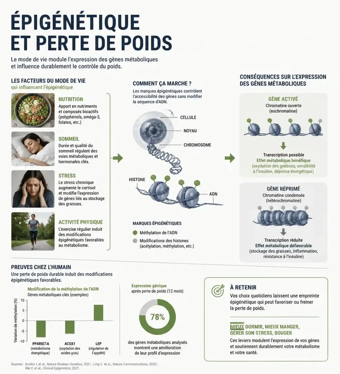 Infographie explicative sur l'approche épigénétique de Simon Caporossi et la méthode GénoMincir pour la perte de poids durable.