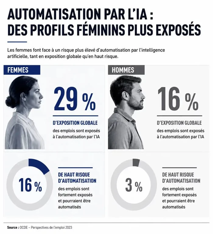 Infographie sur l'impact de l'IA sur l'emploi des femmes et les risques d'automatisation
