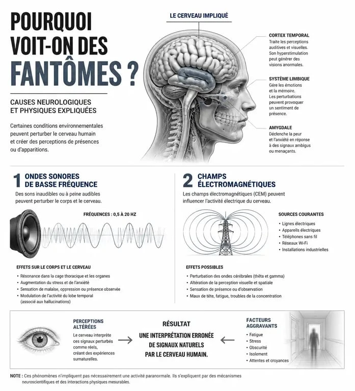 Infographie explicative sur les causes scientifiques des apparitions de fantômes et phénomènes paranormaux