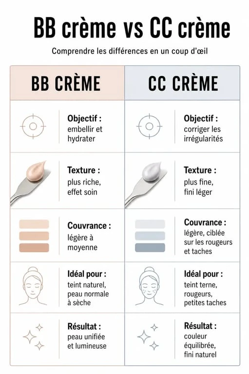Infographie comparative : différence entre BB crème et CC crème pour choisir son produit de teint