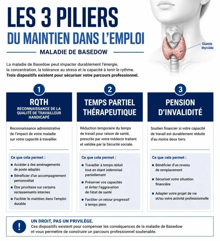 Infographie sur les dispositifs d'accompagnement pour la maladie de Basedow et travail : RQTH, temps partiel thérapeutique et invalidité.
