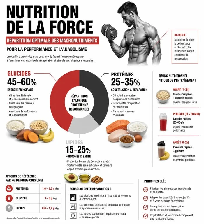 Infographie sur la nutrition de la force et la répartition des macronutriments pour la performance musculaire