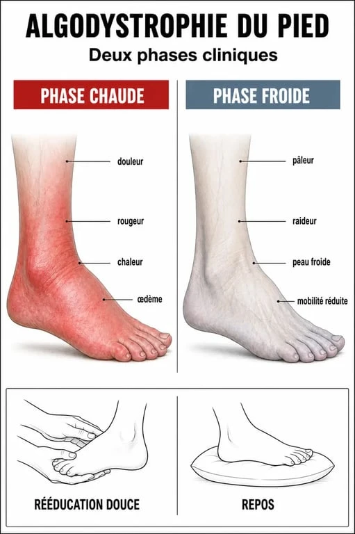 Infographie explicative des phases de l'algodystrophie du pied et du traitement