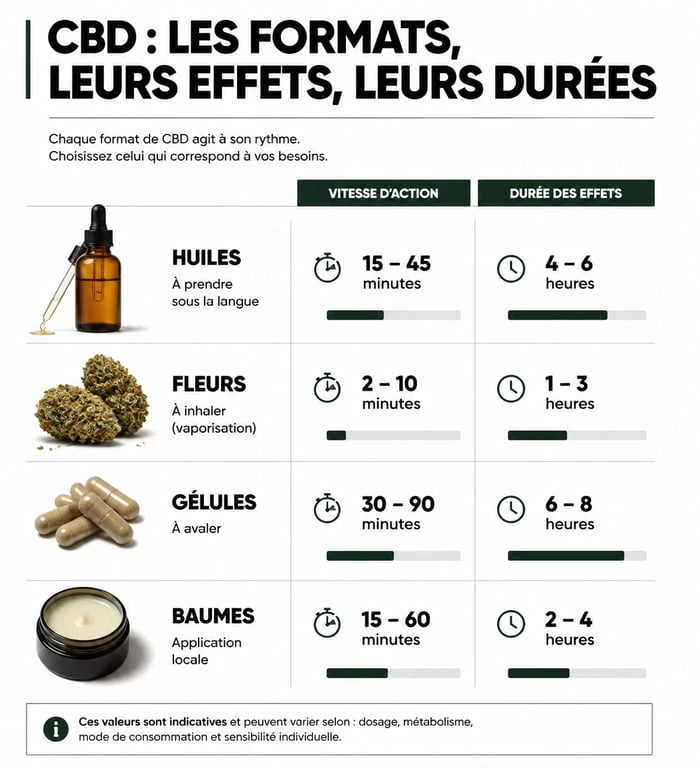Infographie comparative des formats de CBD : huiles, fleurs, gélules et baumes pour bien choisir son produit CBD à Dijon