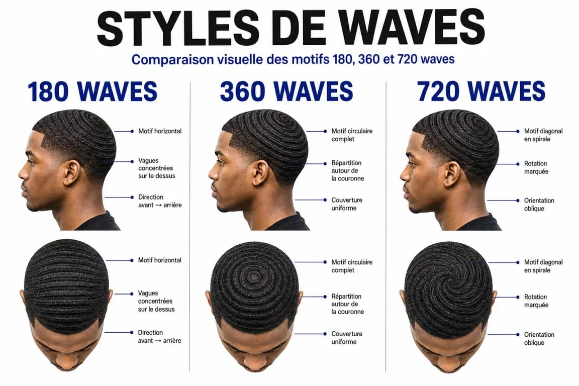 Comparatif visuel des styles de coiffure wave : 180, 360 et 720 waves pour homme.