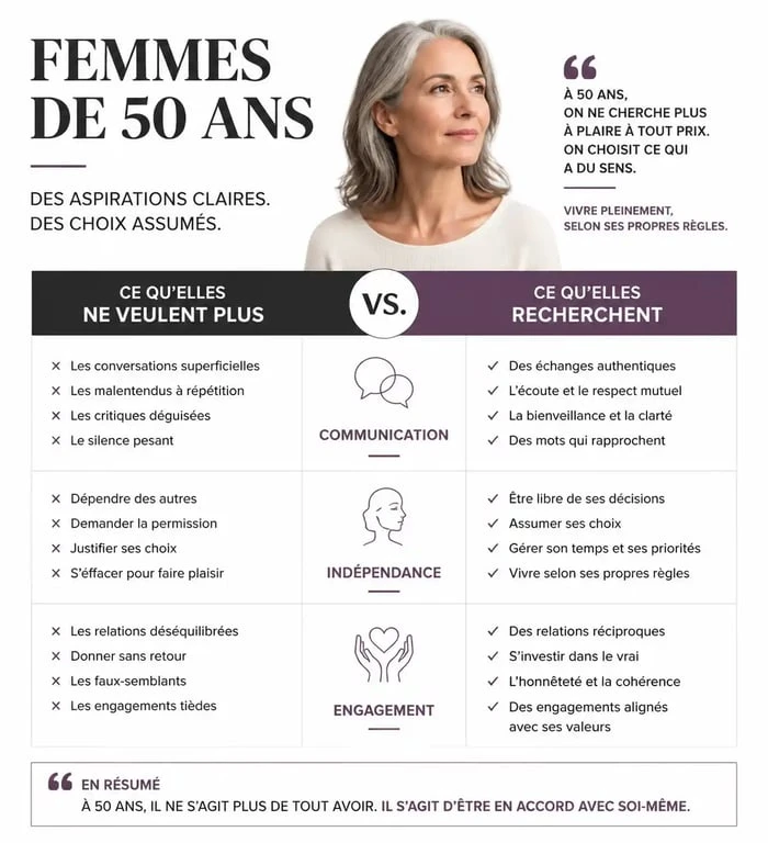 Infographie sur les aspirations et les attentes des femmes de 50 ans pour leur épanouissement personnel et relationnel.