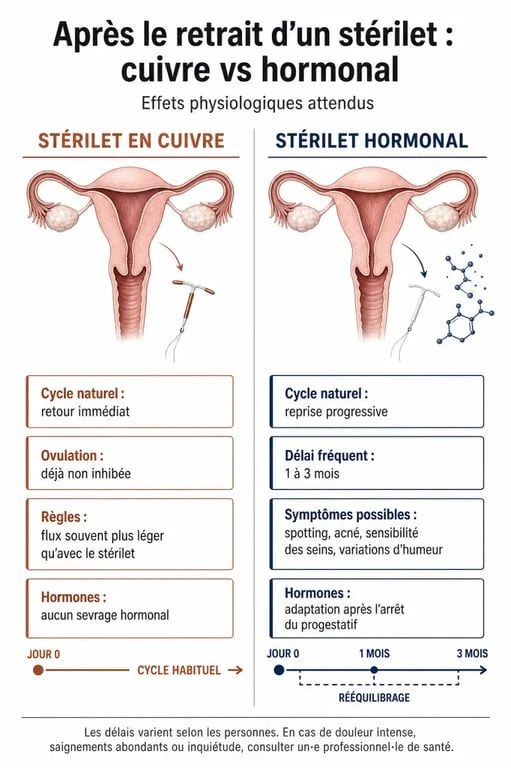 Infographie comparative des effets après retrait stérilet cuivre et hormonal