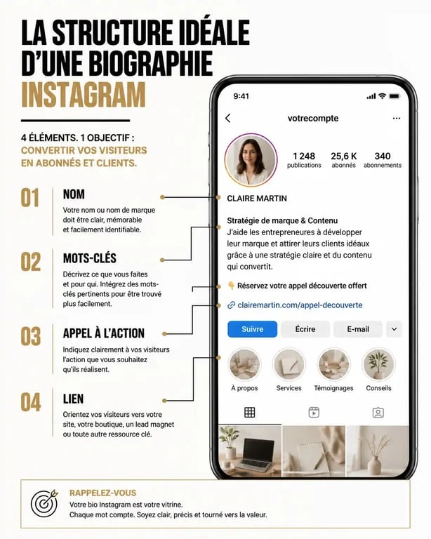 Schéma de la structure idéale pour une bio Instagram stylée et efficace
